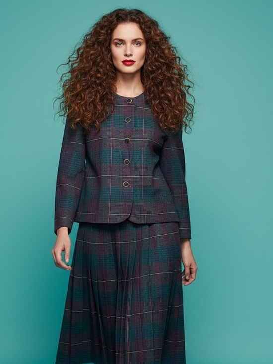 Vintage Jackets & Blazers - VTG Bremar Wool Suit Set Turquoise Red Plaid  Jacket Pleated Skirt Size 16